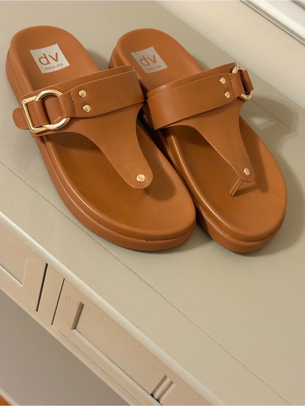 DV by Dolce Vita Cognac Platform Thong Sandals with Gold Buckle